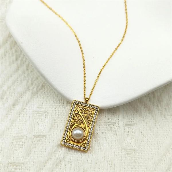 ペンダント ネックレス  ステンレス ビンテージ ゴールド ピック メタル パール レディース メン...