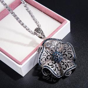 ペンダント ネックレス 黒 ブラック 青 ブルー クリスタル ビンテージ 花 フラワー ロング レース レディース｜finejewelrys