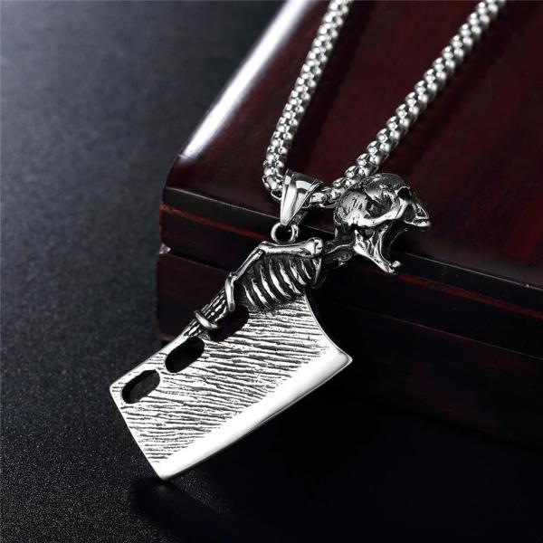 ペンダント ネックレス  ステンレス チェーン スカル メンズ ゴシック キッチン ナイフ 頭蓋骨 ...