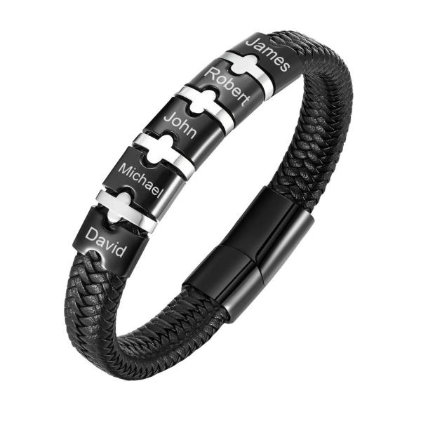 チャーム ブレスレット  ステンレス ブラック レザー ネーム メンズ フリー カスタム 黒 マイク...