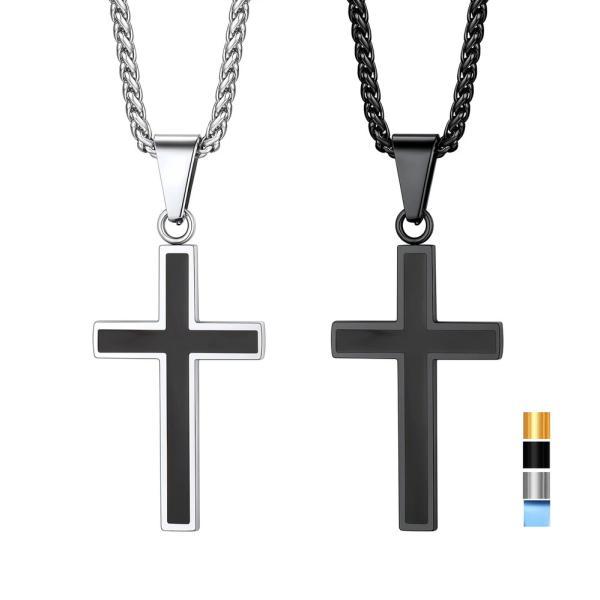 ネックレス メンズ ペンダント クロス ステンレス ブラック ゴールド 大人 十字架 エナメル 黒 ...