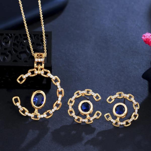ペンダント ピアス ネックレス クリスタル 青 ブルー ゴールド レディース エレガント CZ カラ...