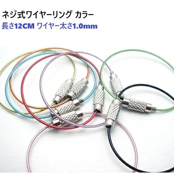 ネジ式ワイヤーリングカラータイプ　ワイヤー太さ1.0mm　長さ12CM ステンレス製 キーホルダー金...