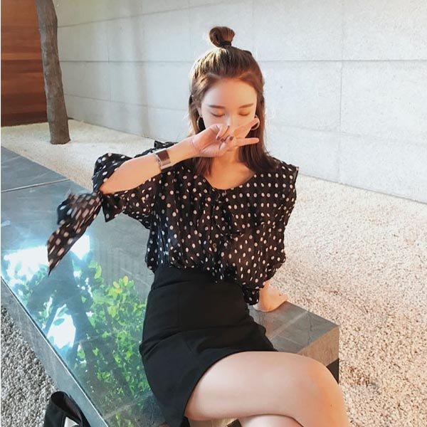 ブラウス レディース 白 アウトレット オフィス セール ドット柄 夏 リボン付き ドット レディー...