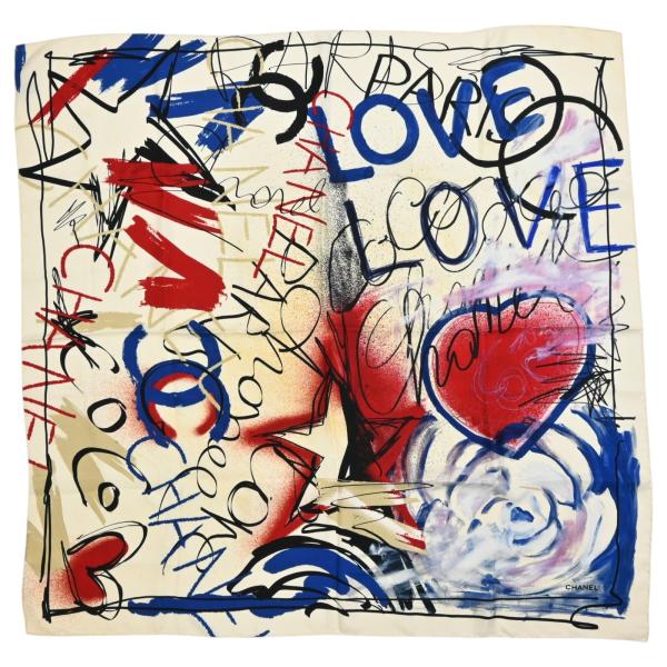 【中古】シャネル グラフィティ シルク スカーフ ココマーク LOVE ハートモチーフ アイボリー ...
