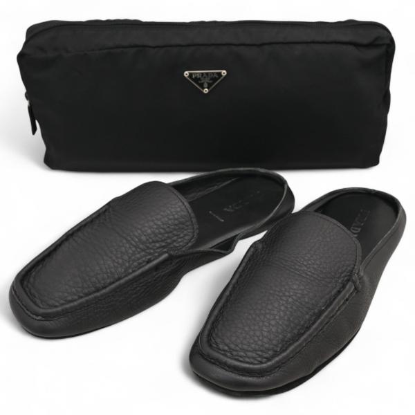 プラダ レザー スリッパ ルームシューズ ブラック ポーチ付き Bランク pr4111ur