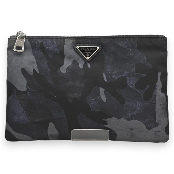 プラダ ロゴプレート 迷彩柄 ナイロン ポーチ ブルー Bランク pr5512cu