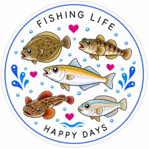 釣りステッカー サーフ・投げ釣り FISHING LIFE HAPPY DAYS 約6.5cm Mサイズ TS-402｜防水・耐久ラミネート加工｜日本製｜シール｜メール便可 (SP)