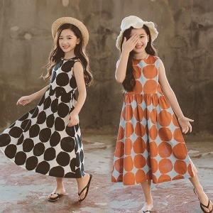 子供服 ワンピース キッズ 親子ペア 子供ドレス dress 韓国子供服 女の子 ジュニア 夏 ノースリーブ ロング丈 ドット柄 おしゃれ 可愛い 通学着 通園着