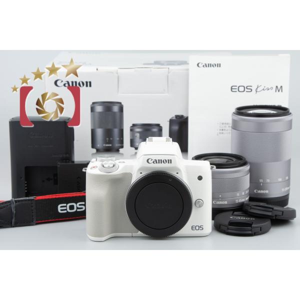 【中古】Canon キヤノン EOS Kiss M ダブルズームキット ホワイト 元箱付き