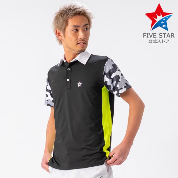 ポロシャツ ゴルフウェア 半袖 メンズ シャツ ストレッチ カモ ゴルフウェア 蛍光 ライン ブラッ...