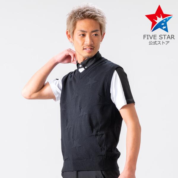 ベスト ゴルフウェア メンズ ニットベスト ストレッチ 星柄 シンプル ゴルフウェア ブラック 黒 ...