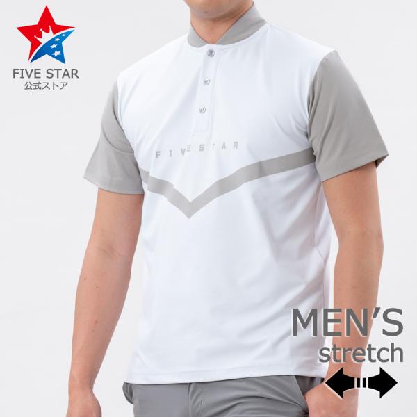 ポロシャツ ゴルフウェア メンズ 半袖 シャツ ストレッチ  ヘンリーネック ホワイト 白 おしゃれ...