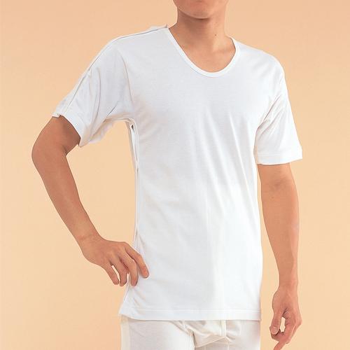 介護肌着 ワンタッチ肌着 脇開き5分袖（右開き）男女兼用 マジック式  エジプト綿 LL 1枚までネ...