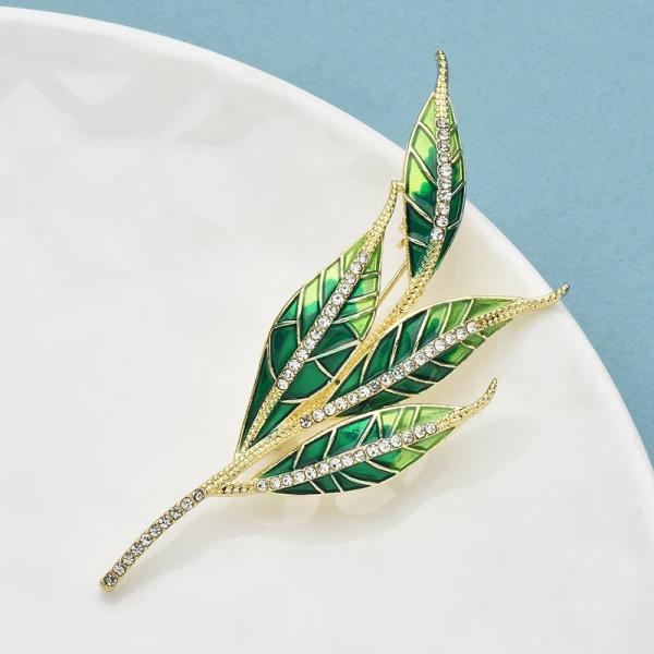 リーフブローチ グリーン 7.9cm ゴールド 葉っぱ ブローチ レディース ラインストーン フォー...