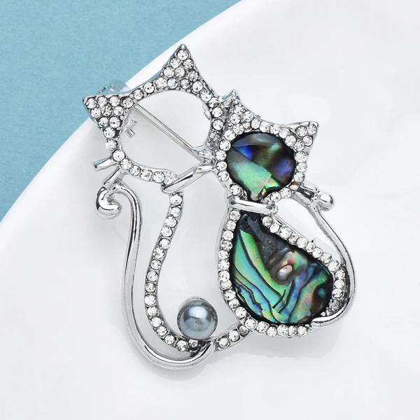 猫ブローチ アバロンシェル風 パール風 ラインストーン キラキラ レディース アクセサリー 3.75...