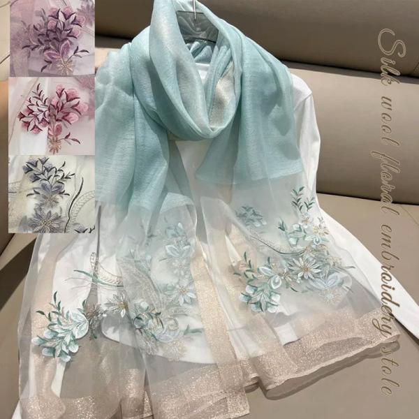花柄刺繍シルクウール大判ストール レディース 春 夏 春夏 秋 冬 秋冬 ショール 結婚式 ラメ ギ...
