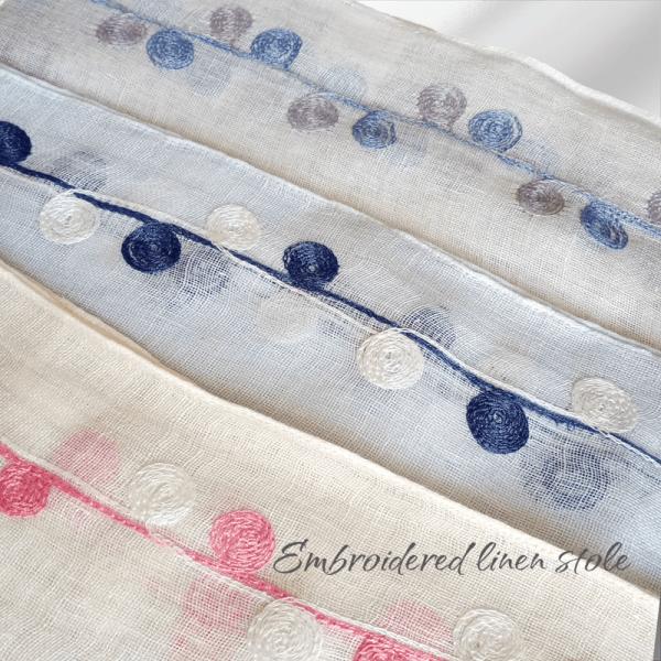 ストール エレガント 水玉柄刺繍リネンストール 麻100% 麻 ショール 薄手 春 母の日 敬老の日...