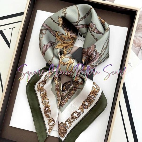 70cm スカーフ レディース シルク調 チェーン柄 正方形 ストール 上品 ブラック/オリーブグリ...