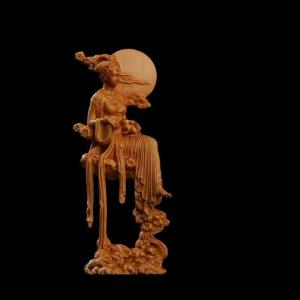 月の神 嫦娥 中秋 置物 木彫り 天女像 中国神話人物 手作り 美術品 中秋の贈り物 かぐや姫 彫刻 兎 月見 満月 風水｜fkd-shop