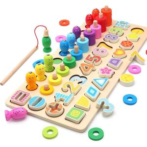 木製パズル 5in1 木のおもちゃ 数字認知 色の認識 形の認知 立体パズル 釣りおもちゃ 色々遊び方の木製おもちゃ ちいく玩具 学習玩具 指先訓練｜fkd-shop