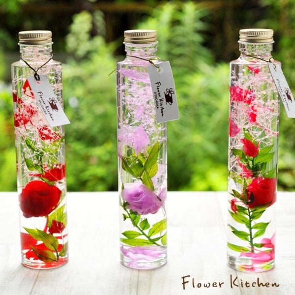 Flower kitchenオリジナルデザイン　ハーバリウムロングボトル　透明ガラスボトルの爽やかな...