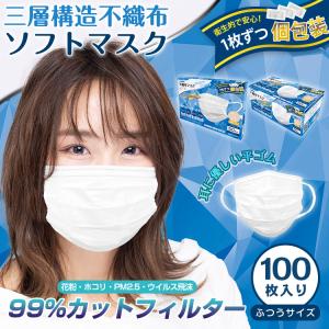 マスク 100枚入り 使い捨て 不織布 個包装 99%カット 大人用 普通サイズ 男女兼用 ウイルス対策 防塵 花粉 風邪 防災 BA5 ny341-100