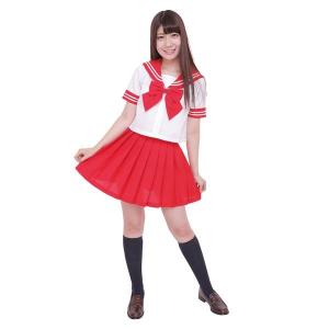 制服/コスプレ衣装 〔レッド Lサイズ〕 洗える セーラーブラウス リボン スカート付き ポリエステル 『カラーセーラー』の商品画像