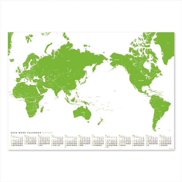 2026 ムーンカレンダー ポスター A2サイズ 角筒 〈世界地図〉b グリーン 黄緑
