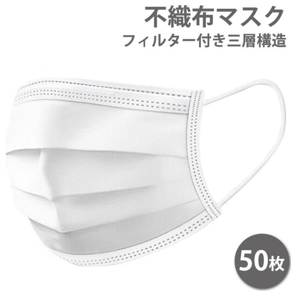 マスク 50枚 不織布マスク 使い捨て プリーツ立体三層構造 フィルター付き 普通サイズ 箱入50枚...