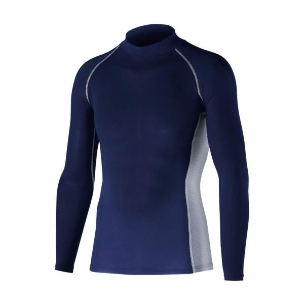 長袖バックハイネックシャツ 冷感 ネイビー LLサイズ おたふく手袋 ストレッチ 吸汗速乾 消臭 U...