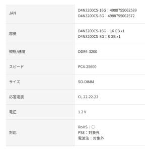 DDR4-3200 16GB ノート用メモリ ...の詳細画像2