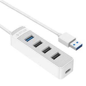 4ポートHUB USB3.0+2.0ハイブリッドハブ 1m ORICO バス・セルフパワー USB-C補助電源 PC側USB-A 4ポート 100cｍ 海外リテール ホワイト TWU32-4A-10-WH-EP ◆メ