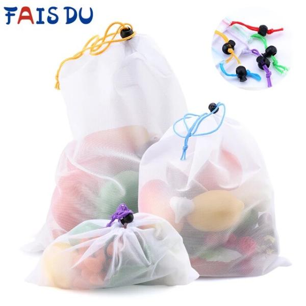 果物と野菜のネット用の再利用可能なバッグ,色付きの洗えるメッシュバッグ,おもちゃの雑貨,5個
