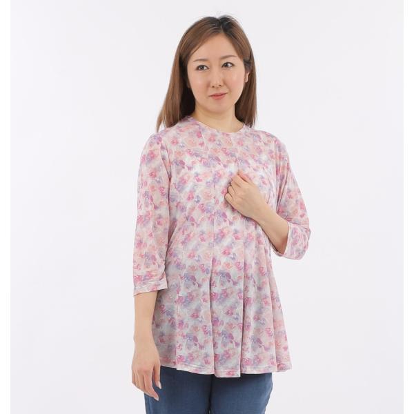 日本製 花柄ストレッチ ブラウス レディース