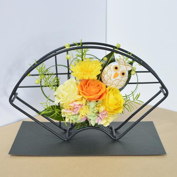 プリザーブドフラワー 和風アレンジメント 花扇 ふくろう付 ギフト ブリザードフラワー 誕生日祝い ...