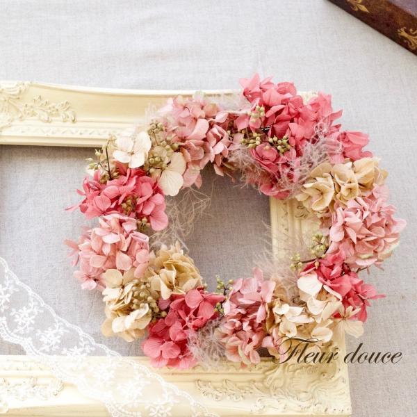 リース　玄関 プリザーブドフラワー アジサイ　ふんわり　ピンク スモークツリー　ギフト　送料込 25...
