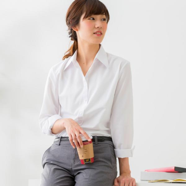 開襟 ブラウス ワイシャツ レディース オフィス スリム ベルカラー  白 ホワイト / lo210...