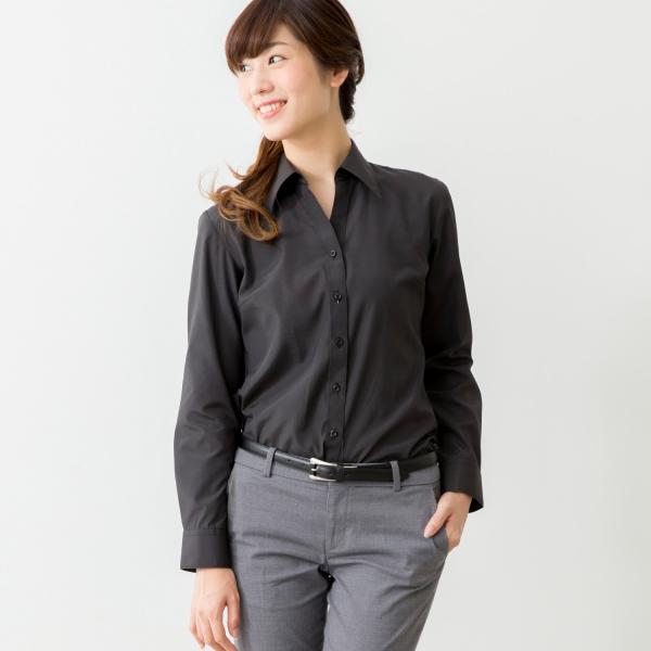 開襟 ブラウス ワイシャツ レディース オフィス スリム ベルカラー  ブラック 黒 / lo210...