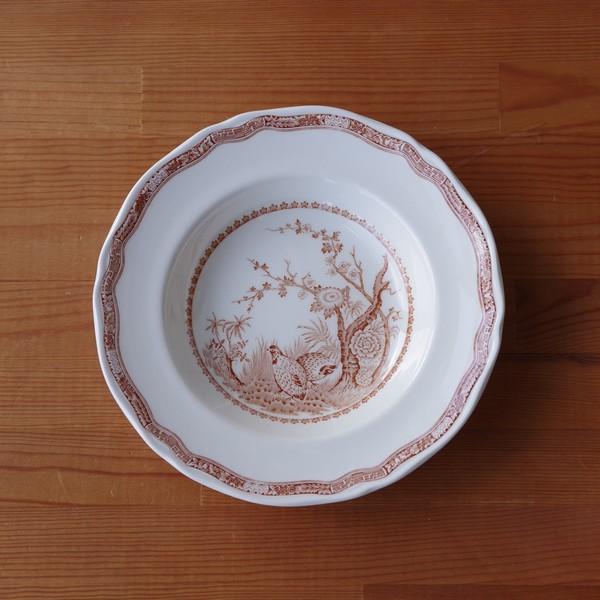 アンティーク 深皿 食器 陶器 スーププレート 22cm ブラウン うずら 鳥 レトロ Furniv...
