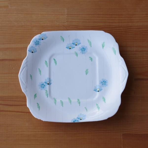 ヴィンテージ食器 BBプレート ブルー 花柄 四角 盛り皿 持ち手付き 耳付き 22cm 陶器 ロイ...