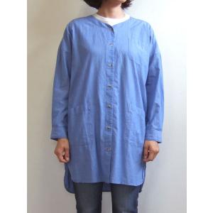 Traditional wears ノーカラーオーバーシャツ ブルー サックス シャツワンピース シャンブレー｜flossy