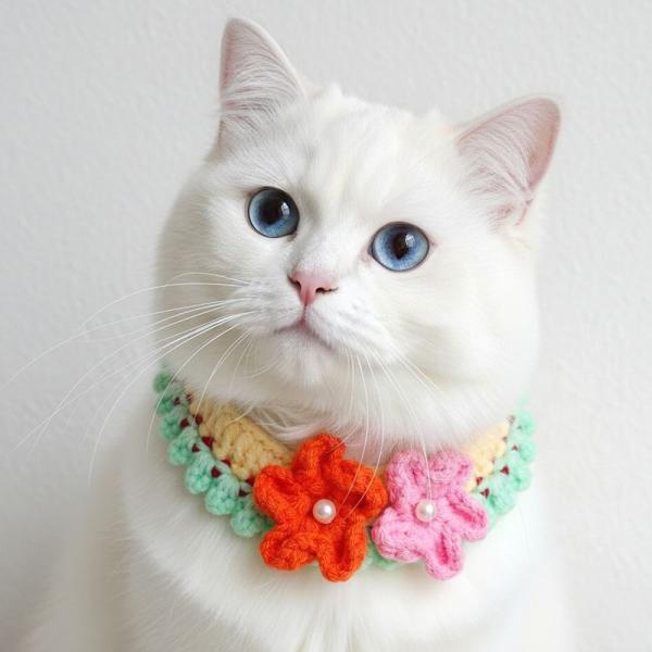 ハンドメイド猫首輪 手編みペット首輪 かぎ針編み 手作り猫の首輪 ハンドメイド ネコの首飾り 花モチ...