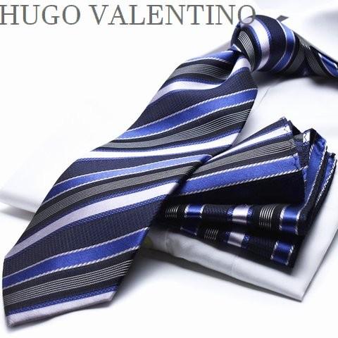 ネクタイ  ポケットチーフ HUGO VALENTINO ヒューゴバレンチノ(8cm幅)サルビアブル...