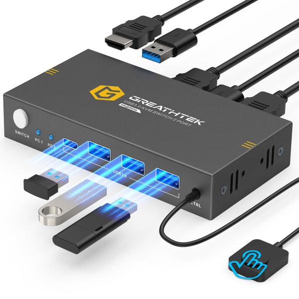 USB3.0 KVMスイッチ HDMI 2入力1出力 4K@60Hz対応 KVM切替器 USB-A×...