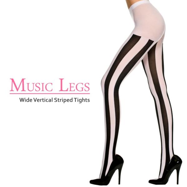 Music Legs 白黒 ワイドなストライプ柄 モノトーン デザインタイツ ハロウィン ゴスロリ