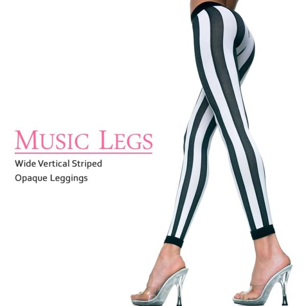 Music Legs モノトーン ワイドな縦ストライプ柄 レギンス フットレスタイツ 白/黒