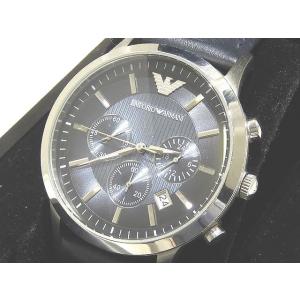 良品 EMPORIO ARMANI エンポリオ アルマーニ メンズ クロノグラフ クォーツ 時計 ☆ AR-2473 シルバーSS ネイビー系 レザー ▼ クト00/6B