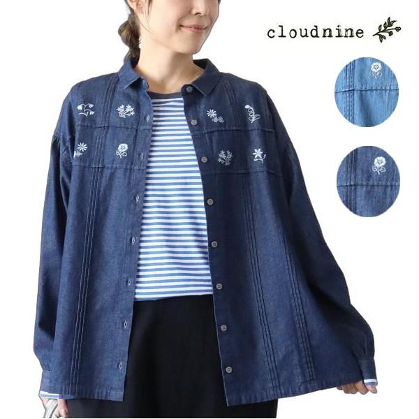 cloud nine クラウドナイン 花柄刺しゅう入りデニムブラウス　シャツ　前開き　綿　レディース...
