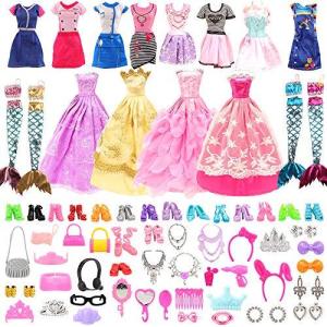リカちゃん用ドレス 30cm人形用服 62セット＝ランダム4枚ワンピース+4枚ドレス+4枚人魚ドレス+10靴+40個アクセサリー
